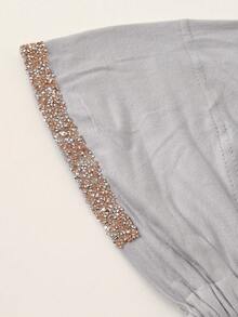 1 pieza Gorro de lazo musulmán de unicolor con pedrería para mujer, pañuelo versátil para envolver la cabeza, adecuado para uso diario - 005-Gris claro - Ver 6