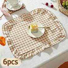 1pc/2pcs/6pcs Korean Style Plaid Placemats, Sweet Princess Style Candy Color Plaid Tablecloth With Ruffle Edge, Cute Food Plate Heat-Insulating Background Mat - Multicolor - View 12