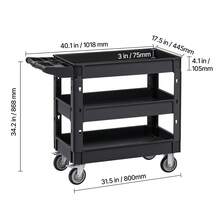 Carro de Servicio de 3 Niveles Carro de Transporte Utilitario PP Capacidad Total de 249kg 83 kg/Estante Ruedas Giratorias (2 con Frenos) Mango Ergonómico para Herramientas Garaje Almacén Oficina - 3 piezas - Ver 10