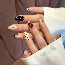 30pcs/Set Oval Black Polka Dot French Minimalist Cute Floral Press-On Short Nails Set, Suitable For Hot Girls, Office Women, Parties, Dates And Daily Wear - Multicolor - View 7