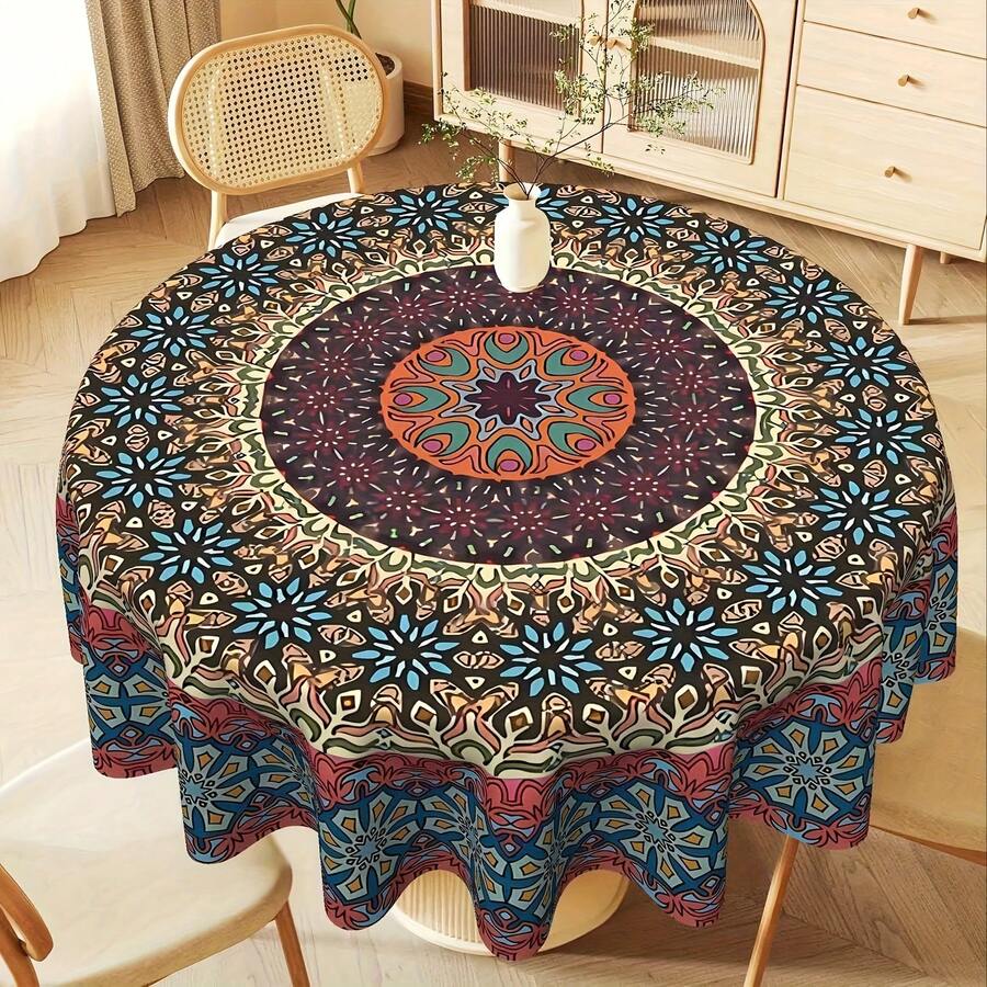 1pc Bohemian Style Mandala Round Tablecloth, Colorful Country Style Polyester Fiber Dining Room Party Picnic Patio Tablecloth - Round - View 1