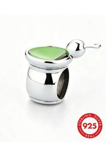 HuooNew 1pc S925 Sterling Silver Green Enamel Magic Cauldron & Spoon Charm Beads, Vintage Halloween Fun DIY Bracelet Large Hole Silver Beads Accessory - Silver - View 2
