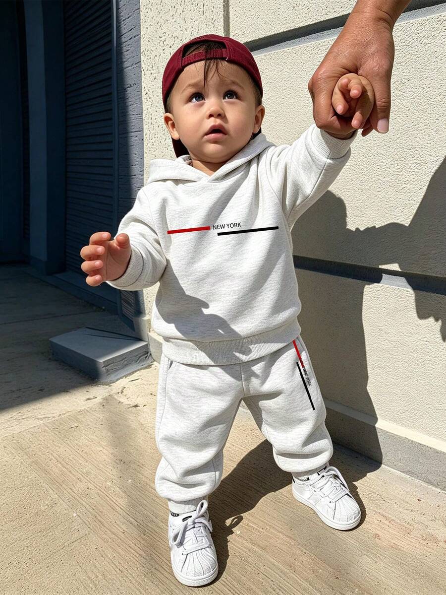 Streetwear Versatile Daily Minimalist Printed Loose Long Sleeve Hoodie + Sweatpants Set, Suitable For Spring, Autumn, Winter, Boys - Light Grey - View 1