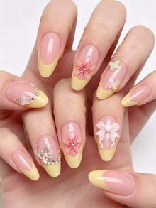 24pcs Medium Almond Pointed Press On Nails 3d Nails,French Manicure Nail Stickers,French Tip Nails, High Gloss Full Coverage, Suitable For Women And Girls Daily Wear, Create Elegant Nail Art Nails Nail Supplies - Multicolor - View 1