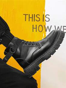 時尚圓頭高筒男士短靴 厚底增高耐磨工作靴 男士復古大尺碼短靴 冬季戶外 - 黑色 - 查看 7