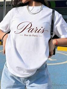 Women Oversized Crew Neck Short Sleeve T-Shirt Classic Cursive New York Letter Print Soft Cotton Casual Basic Tee Daily Streetwear Vacation Top - 白色 5 - 查看 6