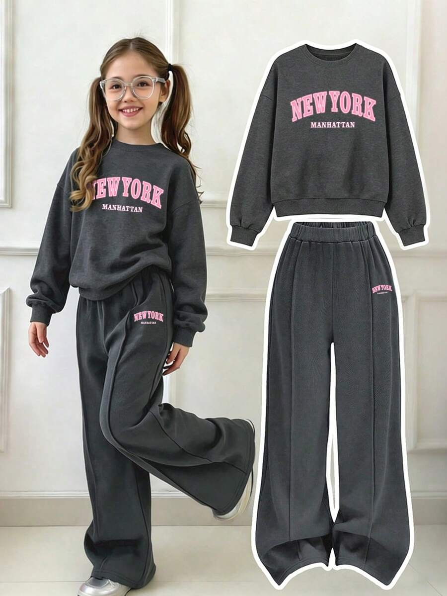 Girls Letter Print Crew Neck Sweatshirt And Loose Long Pants Set - Dark Grey - View 1