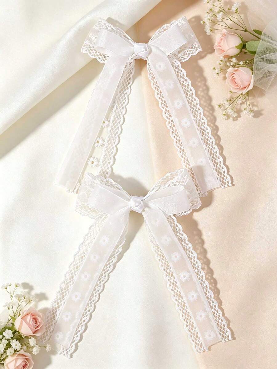 2件組白色長緞帶蝴蝶結髮夾,雙層蕾絲飾邊,優雅柔美女孩日常髮飾 - 白色 - 查看 1