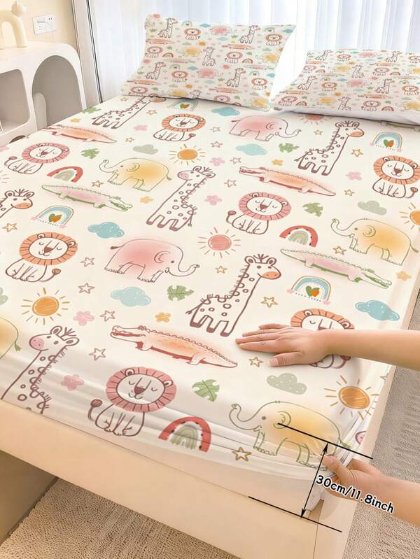 2/3 piezas Sábana ajustable con estampado de animales de safari de dibujos animados lindos, león, jirafa, elefante, cocodrilo, protector de colchón de bolsillo profundo con fundas de almohada para dormitorio infantil