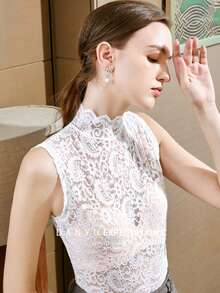 1pc Women's Semi-High Neck Fitted Lace Hollow Out Base Layer Top With Faux Collar - Multicolor - View 15