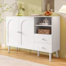Modern Sideboard With Curved Doors, Wooden Handles, Wooden Legs - 白色 - 查看 5