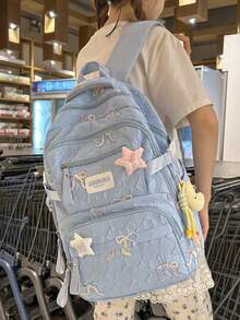 Student Backpack, Bow Embroidery Pattern Soft Quilted Fabric With Pendant, Multiple Pockets Adjustable Shoulder Straps, Cute Japanese Style, Suitable For Teenage Girls Daily Use In All Seasons - Multicolor - View 9