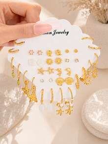 36pcs Fashion Minimalist Elegant Starfish Shell Sun Fish Resin Pendant Gold Stud Earrings Set For Women, Summer Beach Vacation Date Party Holiday Birthday Gift, Daily Versatile - Yellow Gold - View 3