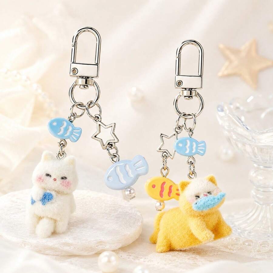 1pc/2pcs Women's Cartoon Flocked Cat With Fish Pendant, Beaded Fish Charm Keychain, Cute Bag Accessory - Multicolor - View 1