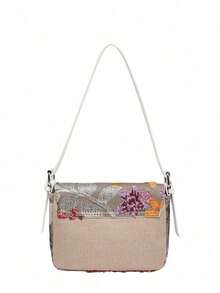 Vacation Style Premium Texture Flip Shoulder Bag, Embroidered Sequin Flower Decoration Design, Elegant And Exquisite Fashion Style Women's Armpit Bag - Multicolor - View 8