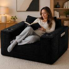 Compression-Boneless 95" L-Shaped Cloud Sectional Sofa With Oversized Chaise, Modular 3-Seater Corduroy Couch For Living Room & Bedroom, Deep Seat No Assembly Required - Black - View 9