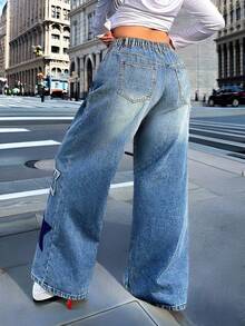 Celana Jeans Wanita Model Y2K Longgar dengan Potongan Lurus, Dihiasi dengan Patch Bintang, Celana Panjang Ukuran Besar Tidak Melar, Potongan Lurus, Kancing dan Resleting. - Biru - View 4