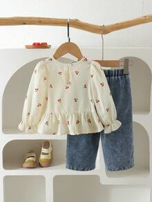 2pcs Baby Girl Spring/Autumn Set, Pastoral Style All-Over Cherry Ditsy Floral Long Sleeve Top With Embroidered Denim Jeans, Lightweight - Apricot - View 2