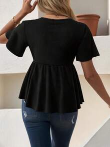 Maternity Black Ribbed Knit Cross V-Neck Flutter Sleeve Cinched Waist Ruffle Hem Top, Casual Versatile Cap Sleeve Blouse For Daily Wear And Outings - Black - View 2