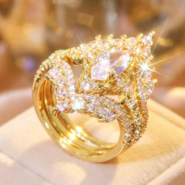 Juego de 2 Anillos con Piedra Marquise y Ala Hueca, Joyería Nupcial de Lujo con Pavé Multicapa, Regalo Ideal para Compromiso & Propuesta