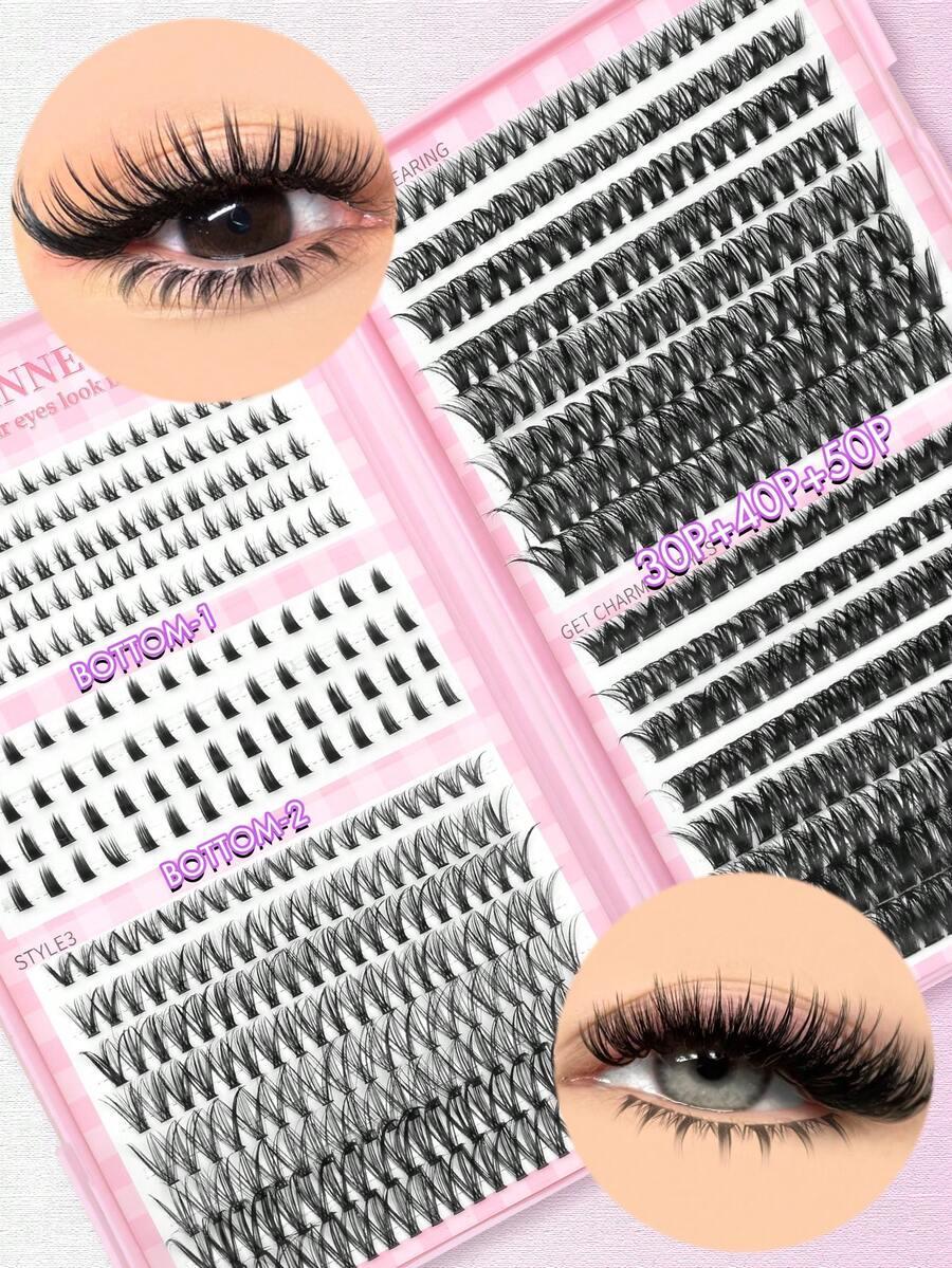 GROINNEYA 624 قطعة رموش صناعية عنقودية 3 أنماط علوية وسفلية تمديد رموش DIY 30P+50P+80P رموش صناعية فردية كثيفة وحجمية بأسلوب الأنمي سهلة التطبيق مناسبة للمبتدئين والمواعيد والحفلات والمهرجانات
