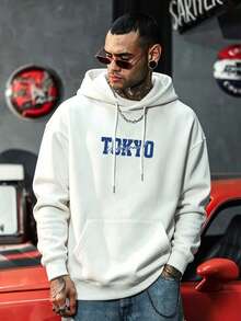 Striville Men's Autumn/Winter American Street Style Blue Wide-Body Racing Checkered Flag Handwritten English Combination Print Pocket Drawstring Casual Hoodie - White - View 3