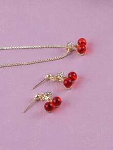 1 Set/1pc Necklace + 1 Pair Earrings Fashion Sweet Style Metal Rhinestone Cherry Design Necklace & Earrings Jewelry Set For Women Daily Wear, Holiday Birthday Gift For Friends - Yellow Gold - View 4
