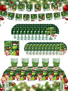 The Grinch 1/10/20Pcs Green Christmas Monster Birthday Party Decorative Tableware Set, Including Paper Cups, Paper Plates, Banners, Napkins, And Tablecloths. Perfect For Parties, Holiday Home Decorations, And Gifts. - Multicolor - View 9
