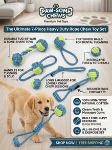 PETSIN 7件套耐用狗狗磨牙玩具套装，适合小型至中型犬，结实耐用的拔河玩具，采用双色编织绳，有助于清洁牙齿 - 耐用宠物用品，犬猫皆宜的磨牙玩具，蓝绿绳设计 - 彩色 - 查看 5