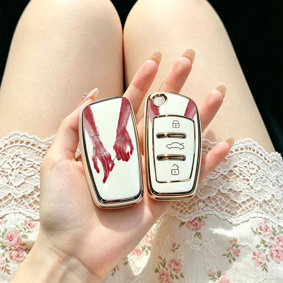 1pc Car Key Case-Edgy Print,Suitable For Audi A3 8P, A6 C6, Q3 8U, A1 8X, Q7 4L, TT 8J, R8 42.Advanced Soft-Touch, Does Not Block Signal, Unisex. - Audi 3 Button Model CA - View 1