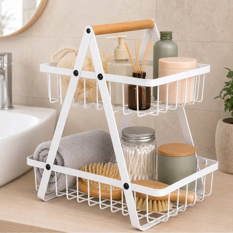 2-Tier Fruit & Vegetable Basket Kitchen Storage Rack, Dual Layer Countertop Organizer Basket, Draining Basket For Produce - White - View 1