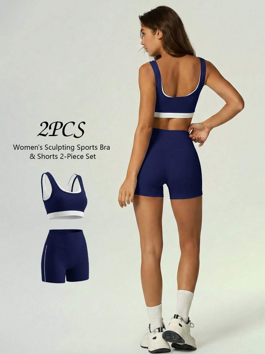 UONNOU 2 Peças Conjunto de Shorts Esportivos Modeladores Femininos, Roupa Esportiva Casual de Fitness para o Verão - Azul Royal - Visão 1