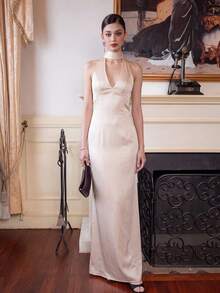Sleeveless Halter Bridesmaid Dress, Elegant Sexy Long Dress With Backless Tie Design Wedding Fall - Champagne - View 8