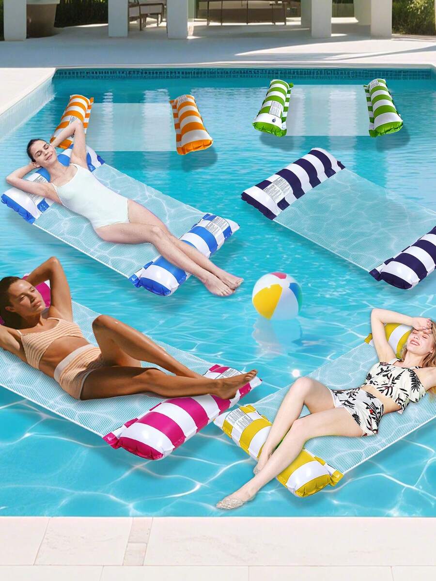 Striped Mesh Inflatable Water Hammock Float, Dual Air Pillow Support Floating Lounge Chair, Foldable Portable Adult Water Float, Suitable For Summer Swimming Pool, Beach, Lake
