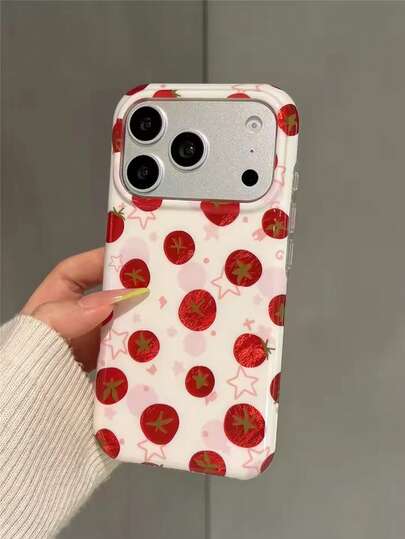 Funda de teléfono con elemento de tomate minimalista, diseño a prueba de caídas, 1 pieza con diseño lindo de tomate rojo y garabato de estrella, estilo de moda coreana de alta gama con vibras de verano, compatible con iPhone 17/17 Pro/17 Pro Max/16/15 Pro Max