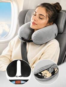 1pc Adjustable U-Shaped Travel Neck Pillow, Clothing Storage, Wide Comfortable Support Design With Zipper, Soft Portable Neck Pillow, Suitable For Airplane, Car, Train, Office, Supports Long-Distance Flight, Travel Essential, Back To School, New Year, Graduation Gift - Multicolor - View 3