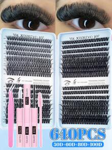 640/640/640pcs Curly Cluster False Eyelashes Set, High Density Fluffy Lashes, Large Capacity Single Cluster Lash Book, Soft Segmented Extension Style, Suitable For DIY Fox Eye & Cat Eye Looks, Music Festival Makeup, Mixed 10D+20D+30D+40D/30D+40D+50D+60D/50D+60D+80D+100D Cluster False Eyelashes - Multicolor - View 2