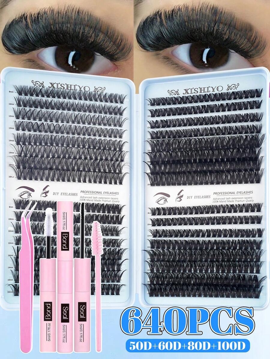 640/640/640pcs Curly Cluster False Eyelashes Set, High Density Fluffy Lashes, Large Capacity Single Cluster Lash Book, Soft Segmented Extension Style, Suitable For DIY Fox Eye & Cat Eye Looks, Music Festival Makeup, Mixed 10D+20D+30D+40D/30D+40D+50D+60D/50D+60D+80D+100D Cluster False Eyelashes