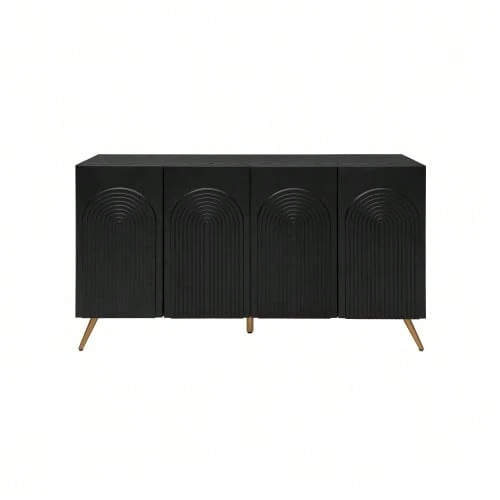 Mid-Century Design Sideboard, Black Hallway Cabinet With 3D Grooves And Arched Doors, Engineered Wood, Adjustable Shelves, Gold-Colored Metal Feet - Black - View 1