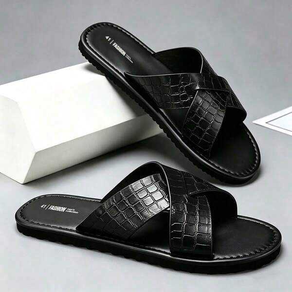 Men's Anti-Slip Embossed PU Cross Strap Slides, Full Hexagon Geometric Texture Open Toe Flat Sandals, Pure Black Minimalist Luxury Street Style, Soft Padded Insole Rubber Sole, Fashion Versatile Roman Sandals, Suitable For Summer, Home, Beach And Daily Wear