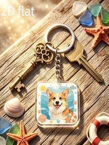 Llavero cuadrado personalizado con foto de mascota, adorno conmemorativo de mascota con patrón de concha de playa, regalo único para dueños de perros y gatos - Multicolor - Ver 4