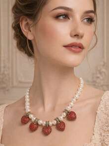 1pc French Vintage White Faux Pearl Necklace With 5 Red Rhinestone Heart Decor, Adjustable Extension Chain, Women's Date Night Dress Accessory, Holiday Gift Necklace - Multicolor - View 6