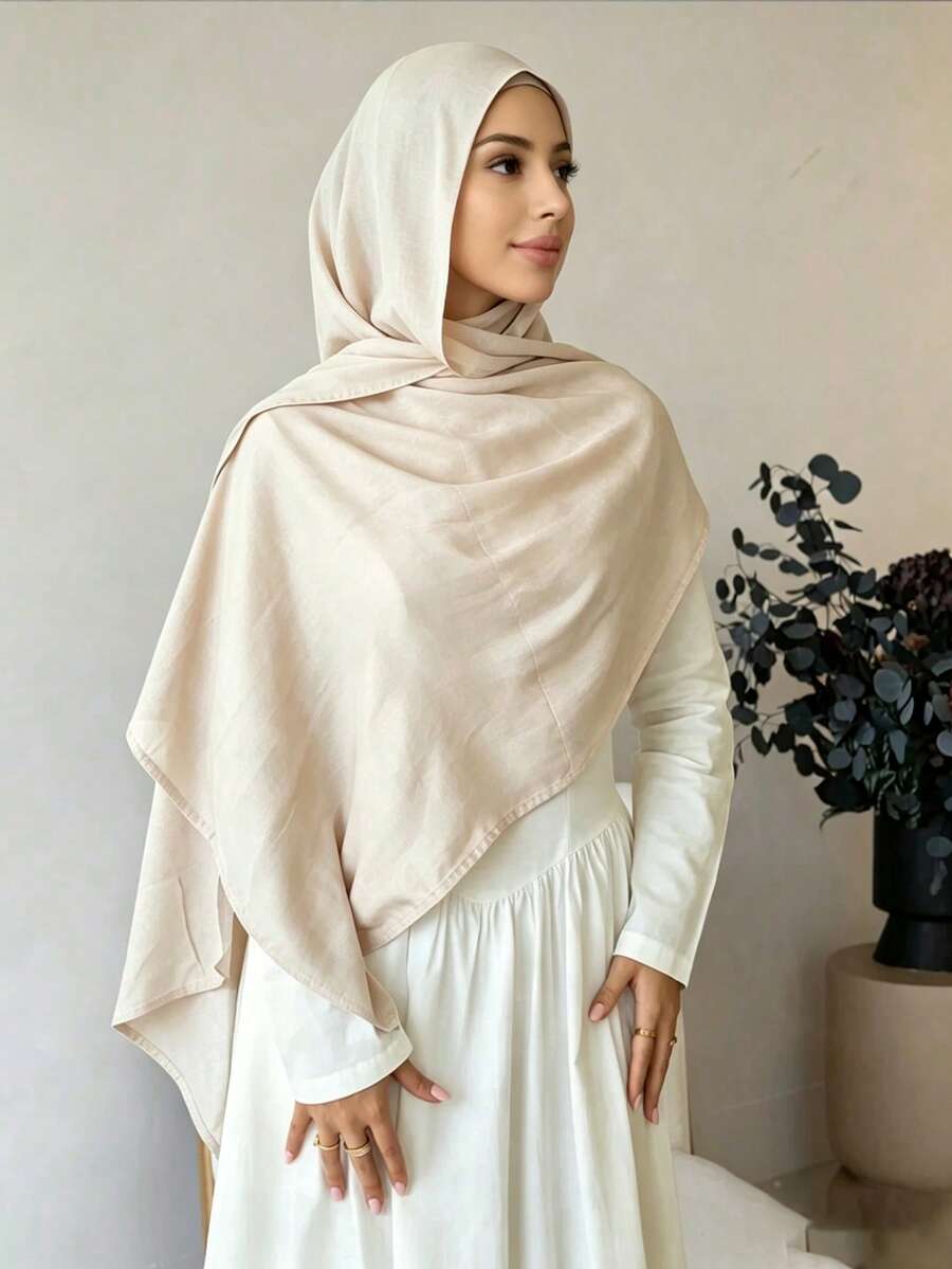 1件裝女款米色黏膠纖維頭巾，柔軟素色寬邊圍巾，多功能防曬希賈布，適合日常穿著