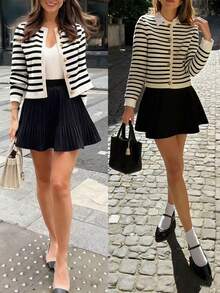 Women's Elegant Striped Crew Neck Knit Cardigan, Versatile Fashion Casual Sweater, Retro Jacket For Commuting, Autumn Fall - Black and White - View 9
