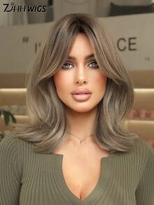 Ombre Brown Short Curly Bob Wig For Women 12 Inch Layered Wig With Curtain Bangs Natural Synthetic Heat-Resistant Fiber Fluffy Wig For Daily Party Wear Use - Multicolor - View 5