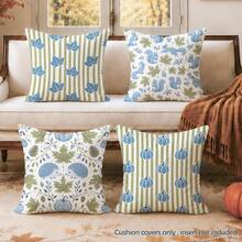 4 piezas Fundas de cojín con estampado de hojas de arce, calabaza, ardilla y erizo en rayas azul-verde de otoño, material de piel de durazno de terciopelo amigable con la piel impreso en un solo lado, fundas de almohada de 45*45CM adecuadas para decoración del hogar, dormitorio, sala de estar, habitación, fiesta, vacaciones, decoración de sofá, regalo, sin relleno de almohada - Multicolor - Ver 4