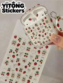 1pc Sweet Red Strawberry Silver Bow Heart Sticker, Transparent Waterproof Silver Foil Premium Decorative Decal For Earphone Case, Phone Case, Water Cup - Phnom Penh Strawberries - View 1