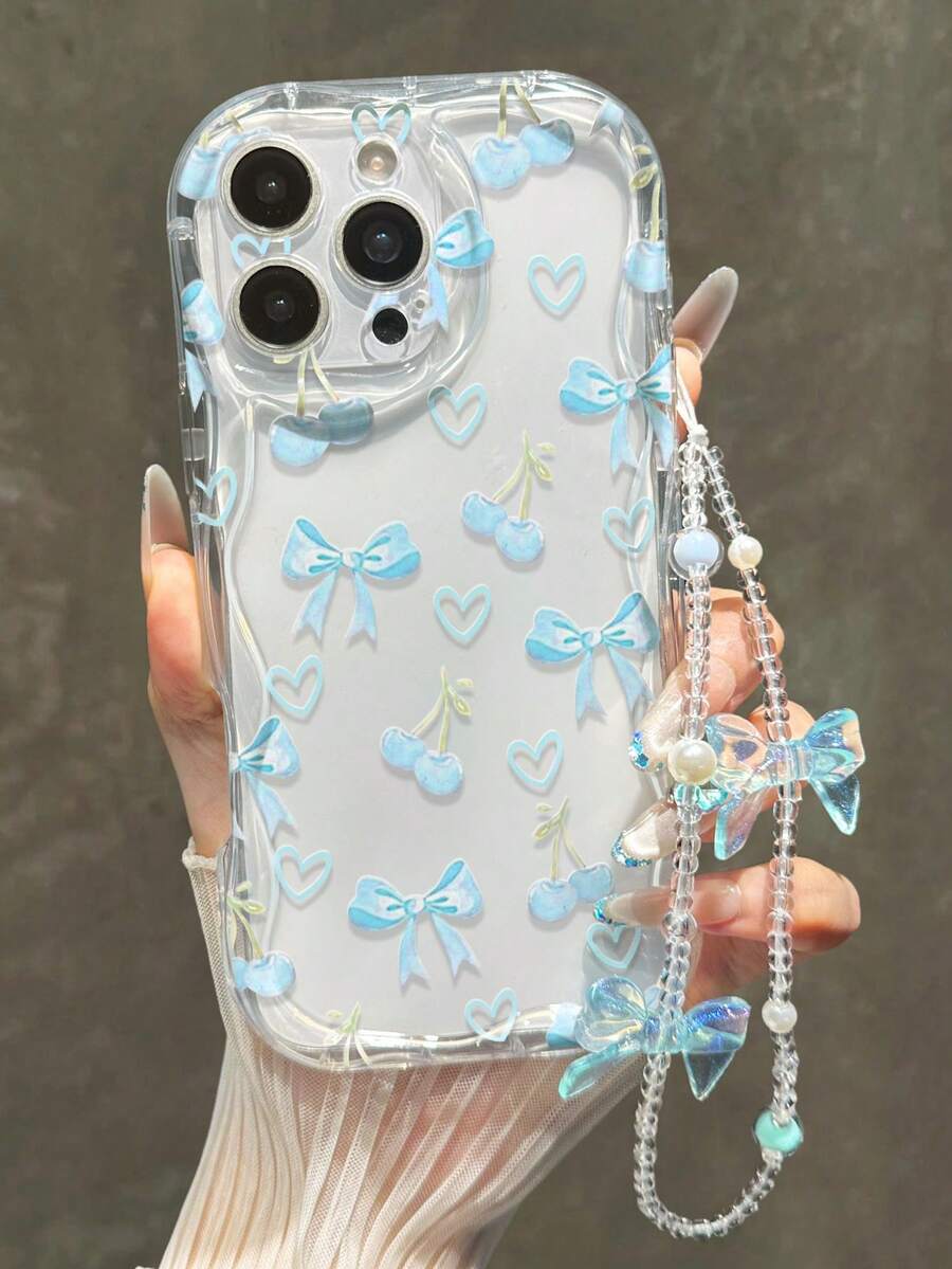 Cherry Transparent Painted Phone Case With Attached Chain, Creamy Wavy Edge, Simple Anti-Drop Thickened Protective Shell, Printed Design, Suitable For Phone Case/Phone Protective Shell/Outer Shell IP 16 IP 11 IP 16 Pro Max/IP 13 IP 11, IP 12, IP 13, IP 16, IP 15, IP 16 Plus, IP 16 Pro Max, IP 17, IP 17 Pro, IP 17 Pro Max - Multicolor - View 1