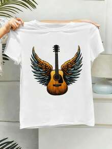 Boho Style Winged Guitar Music Graphic Tee, Soft Cotton, Loose And Comfortable Fit, Casual, Art Print - White - View 2