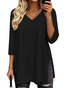 3pcs Solid Color V-Neck Short Sleeve Casual Tops, Fashion Spring/Summer New Women's Loose Side Slit Mid-Length T-Shirts, Versatile Streetwear Daily Outing Style - Dark Grey + White + Black - View 3